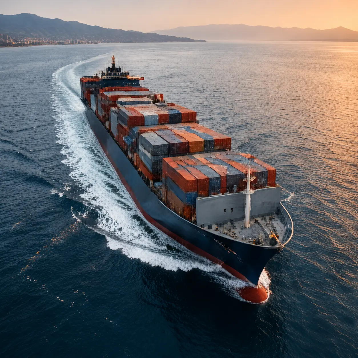 A container ship at sea carrying stone to Rotterdam